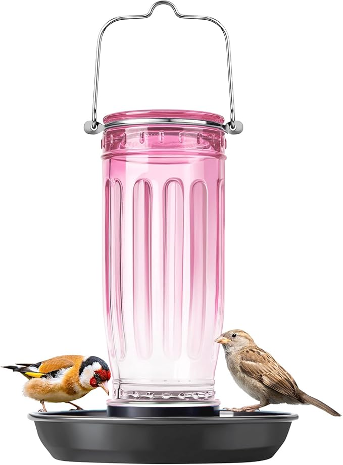 Kingsyard Glass Bird Water Dispenser for Outdoor, 16 Oz, Bird Water Feeder with Metal Hanging for Garden Yard Fence Decoration Hummingbird Cardinal Bluebird Finch, Pink