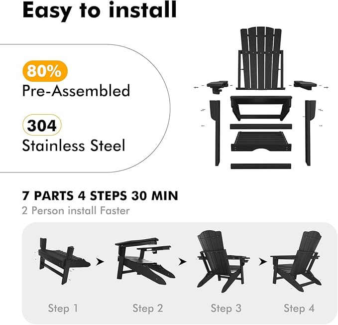Folding Adirondack Chair with Retractable Ottoman Set of 2, All Weather Fire Pit Chairs with Cup Holder, Outdoor Chair with Ottoman,Black