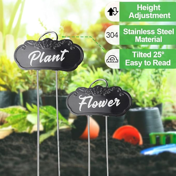 30 PacksTCYPUHL Metal Plant Labels, Tall Outdoor Garden Markers for Flowers, Fruits and Vegetables, 304 Stainless Steel Weatherproof Signs (4" x 1.9", Silver, Black and Gold)