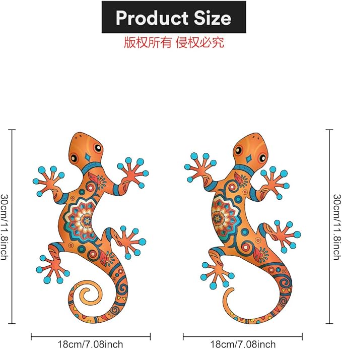 Metal Gecko Outdoor Decor -2 Pack 11.8 inch Gecko Wall Art Hanging Sculpture Decoration for Indoor or Outdoor, Garden Yard Fence Porch Patio Decor