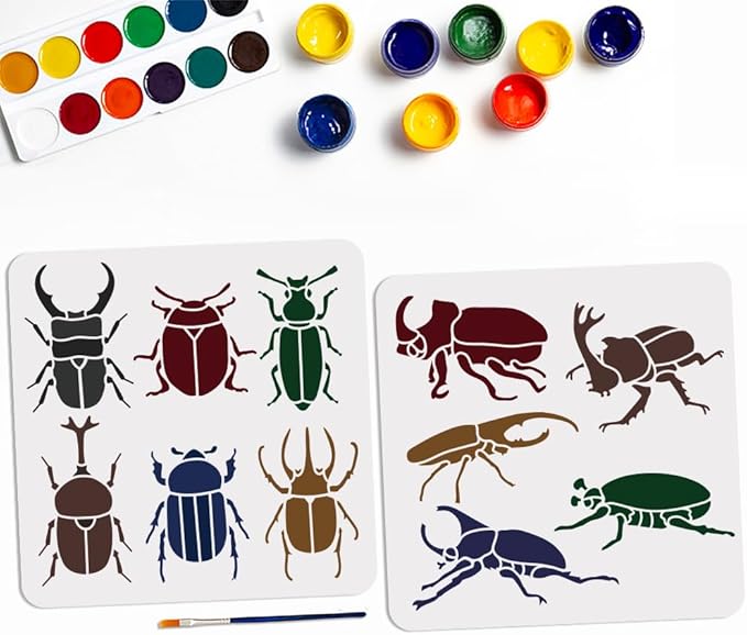 MAYJOYDIY 2pcs Scarab Beetle Stencil 11.811.8inch 11 Insects With Paint Brush - Reusable Nature Bug Drawing Templates for Crafts, Art, Furniture, Wood, Canvas, Home Decor