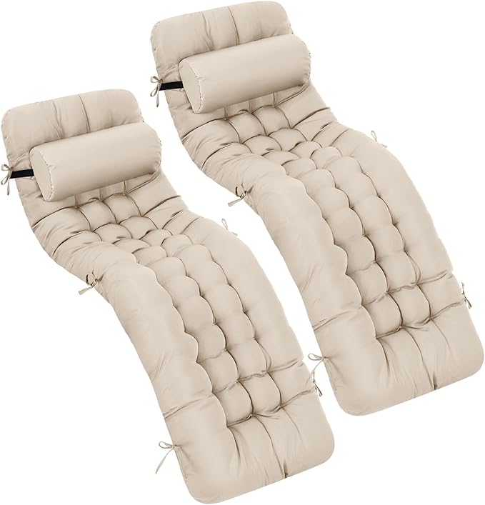 Tudomro 2 Pcs Light Beige 66'' Outdoor Chaise Lounge Cushion Waterproof Patio Lawn Pool Chaise Lounge Cushion with Headrest Pillow & Ties Weather Fade Resistant Replacement Longue Chair Pad