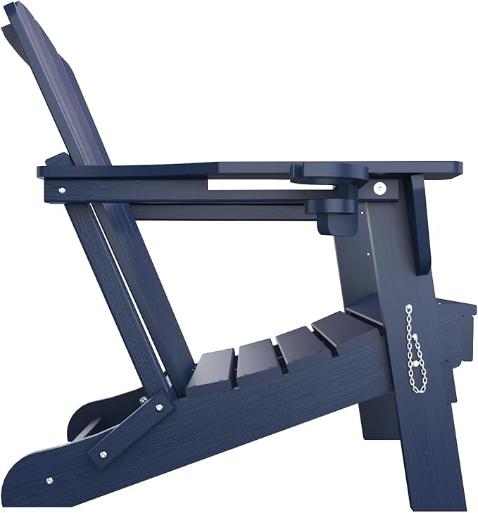 Folding Adirondack Chair,HDPE All-Weather Outdoor Chair with Cup Holder,Wooden Textured,Fire Pit Chair,Plastic Patio Chair for Deck,Backyard,Garden,Lawn(Navy Blue)