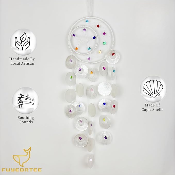 Wind Chimes for Outside Dream Catcher Colorful Stars Capiz Shell Windchime Seashell Sea Glass Beach Coastal Crafts Decor for Garden Patio Yard Unique Outdoor for Women