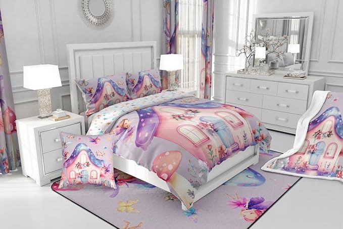 Erosebridal Fairy Garden Full Comforter Set,Dreamy Fairy Butterfly Bedding Sets for Girls Kids,Cute Pink Floral Quilt Bed Set,Kawaii Mushroom Flower Bedroom Decor,2 Pillowcases Reversible