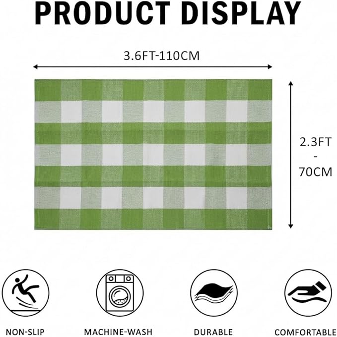 SEEKSEE Cotton Buffalo Plaid Rug 27.5"x43" Grass Green and White Checked Rug Washable Doormats Indoor Outdoor Rugs for Layered Front Door Mats, Porch, Kitchen, Farmhouse, Entryway