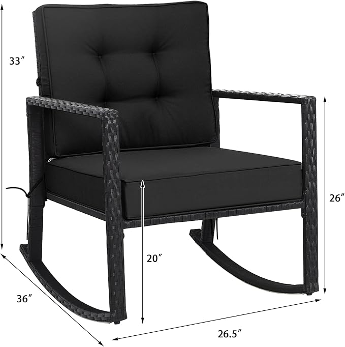 Tangkula Wicker Rocking Chair, Outdoor Glider Rattan Rocker Chair with Heavy-Duty Steel Frame, Patio Wicker Furniture Seat with 5” Thick Cushion for Garden, Porch, Backyard, Poolside (2, Black)