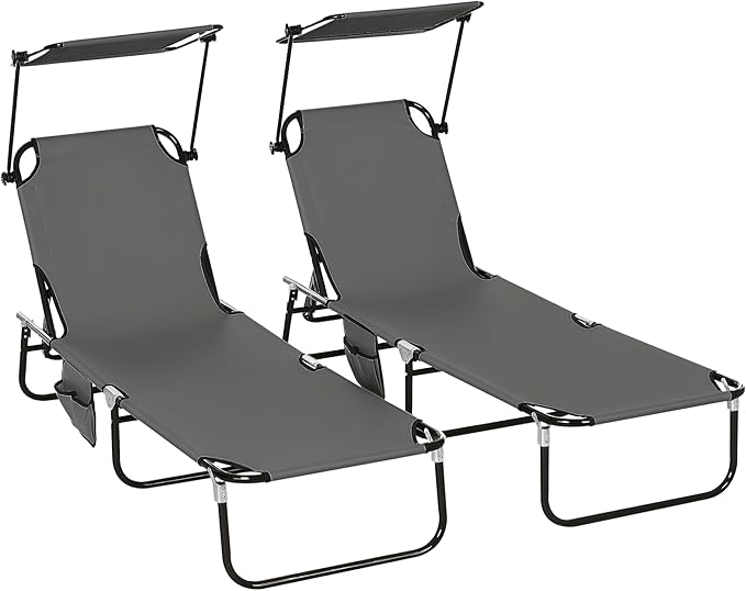 Outsunny Folding Chaise Lounge Pool Lounge Chairs Set of 2, Outdoor Sun Tanning Chairs with Canopy Shade, Reclining Back, Steel Frame and Side Pocket for Beach, Yard, Patio, Dark Gray