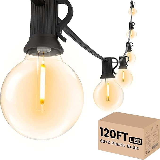 Svater Outdoor String Lights 120 FT, Patio Light with 63 Shatterproof LED Bulbs, Outside Plastic Hanging G40 Globe Lights for Cafe Market Bistro Backyard, Dimmable Warm White 2700K