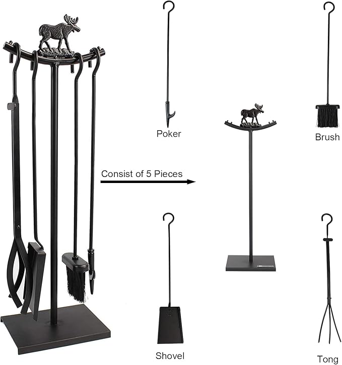 5 Pieces Fireplace Tools Set Strength Wrought Iron Indoor Outdoor Fire Place Toolset Hearth Accessories Kit with Fireplace Brush, Fire Poker, Fireplace Shovel, Firewood Tong