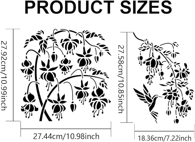 MAYJOYDIY 2pcs Fuchsia Begonia Stencil 11.8×11.8/11.7×8.3inch Fuchsia Flower Hummingbird Stencils with Paint Brush Reusable Flourishing Flower Vine Tree Template for Furniture Fabric Wood Wall Canvas
