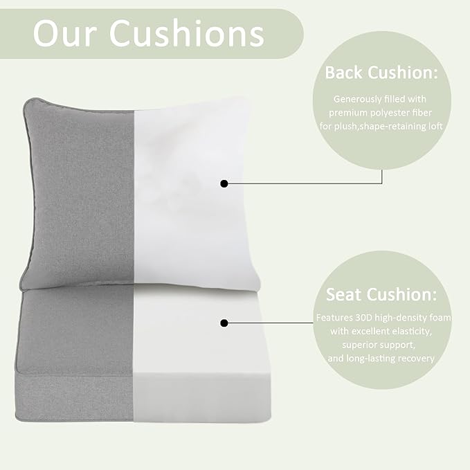 COZYVIDA Outdoor Deep Seat Cushion Set of 2, 22"x24" Seat & 23"x19" Back, C0 Water-Resistant Breathable Fabric, UV-Resistant 1000+ Hrs, 30D Foam with Recycled Fiber Fill,Light Grey