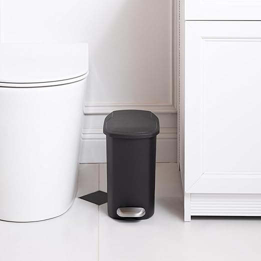 Amazon Basics Compact Plastic Bathroom Trash Can with Soft-Close Lid,Hands-Free Foot Pedal,Removable Inner Bucket,6 Liters,Black,(Pack of 6)
