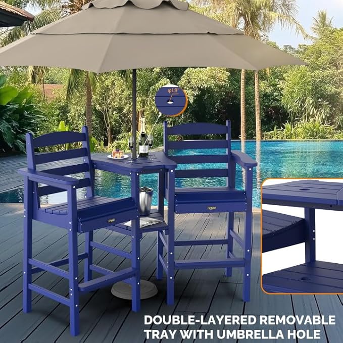 VINGLI Tall Adirondack Chairs Set of 2 with Removable Double Connecting Trays, HDPE Weather Resistance Outdoor Bar Stools Poly Deck Chairs for Patio Pool, 350LBS Capacity (Navy Blue)