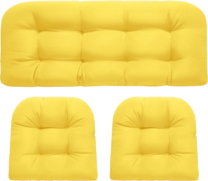 Wicker Chair Cushions, Waterproof Outdoor Loveseat Cushions for Patio Furniture, Tufted Wicker Furniture Cushions, 1 Loveseat and 2 U-Shaped Cushions, Yellow