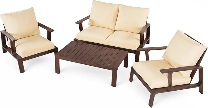 4 Pieces Outdoor Sofa Set 4-Person Patio Seating Group Outdoor Conversation Set with Cushions and a Coffee Table for Patios, Gardens, or Balcony, Dark Brown +Beige Cushion