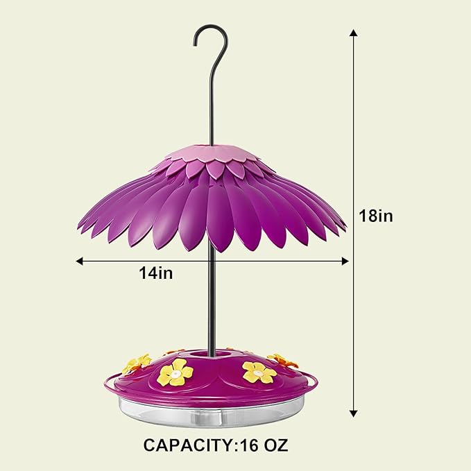 Hummingbird Bird Feeders for Outdoors Hanging, Bird Feeder Cover Built-in Moat Weather Protective Rain Guard 16Oz Hummingbird Nectar Feeder with 6 Ports and 14 Inche Dome Baffle Kit(Purple)