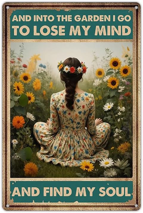 Funnysign Garden Gifts Vintage Metal Tin Sign – “And Into the Garden I Go to Lose My Mind and Find My Soul” Rustic Floral Wall Art for Home, Patio, Garden Décor – 8x12 Inches (9849)