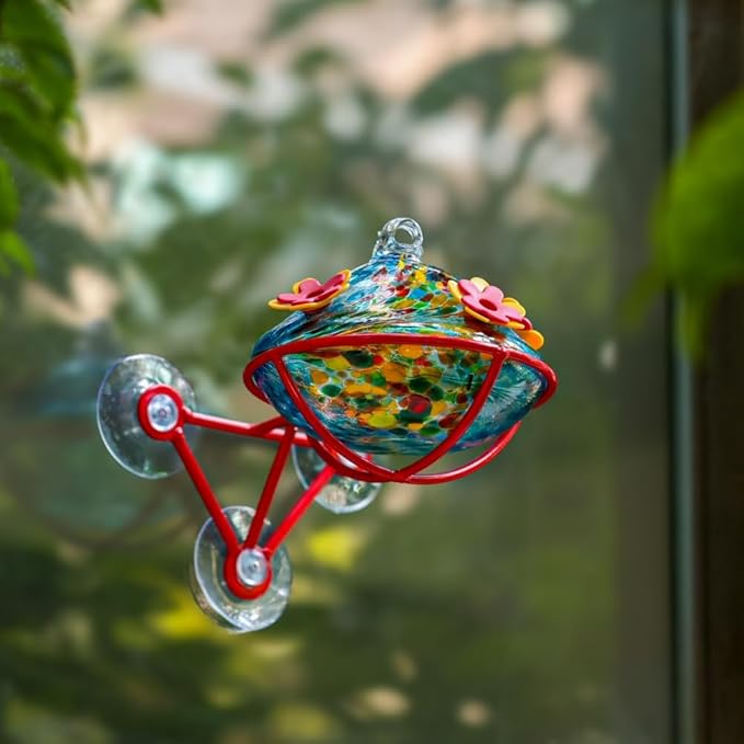 Window Hummingbird Feeder - Hand Blown Glass Mounted Hummingbird Feeder with Strong Suction Cups for Outdoor Window Mount (Blue)