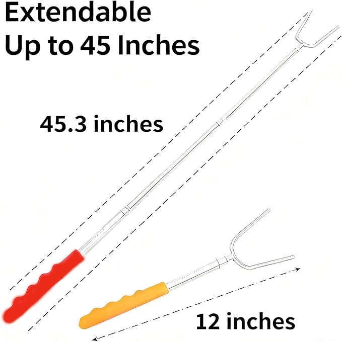 Marshmallow Roasting Sticks for Fire Pit, 5 Pack 45'' Extendable Stainless Smore Skewers Hot Dog Fork, Barbecue Forks with Non-Slip Handle for Bonfire, Grill & Campfire Party