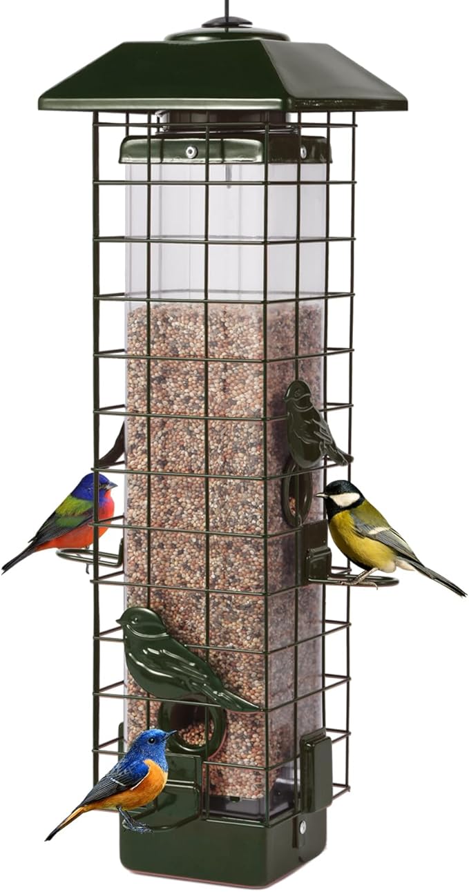 Squirrel Proof Bird Feeder, Metal Mesh Bird Feeder for Outside, Large Capacity and 4 Ports Perches (Green)
