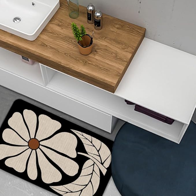 Boho Beige and Black Floral Door Mat - Bohemian Neutral Floral Front Door Welcome Mats Outdoor Entrance, 17x30 Rug