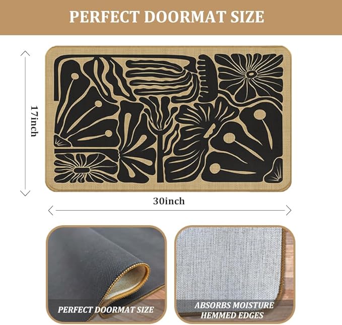 Boho Beige and Black Floral Door Mat - Bohemian Neutral Floral Front Door Welcome Mats Outdoor Entrance, 17x30 Rug
