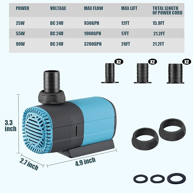 LYPHARD AQUARIUMS 930GPH Submersible Water Pump 25W with Controller DC 24V, Adjustable High Lift 16FT Pond Pump for Fountain, Aquarium, Fish Tank, Hydroponics, Waterfall