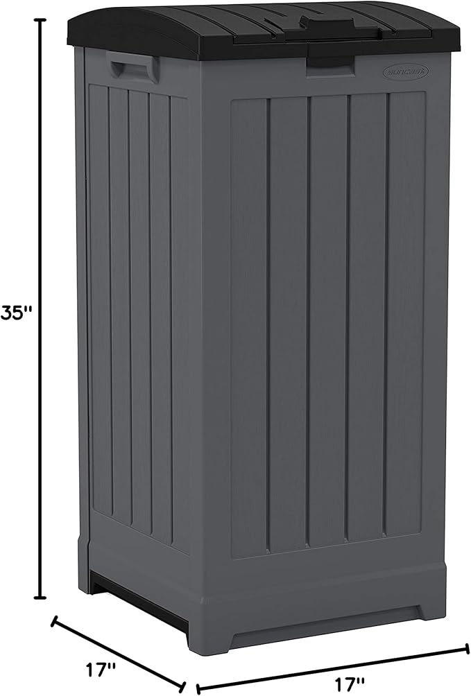 Suncast Trash Hideaway 39 Gallon Outdoor Trash Can Patio or Deck Waste Bin with Latching Lid, Liquid Tray, Handles, and Trash Bag Holder, Peppercorn