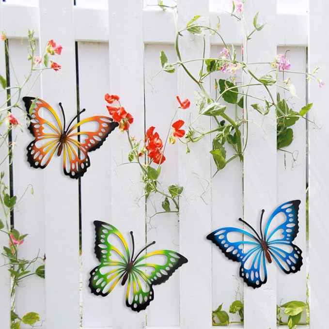 3 Pack Large Metal Butterfly Wall Decor, 13.8 Inch Indoor Outdoor Butterfly Decor, Colorful Outdoor Metal Wall Art for Garden, Yard, Fence, Patio