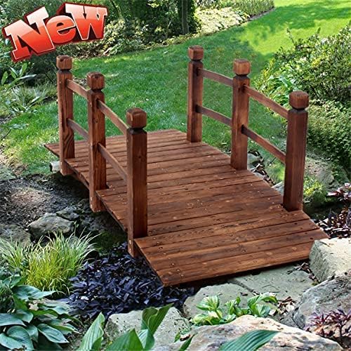 LEEXCCOS Higher Quality & Stronger Wooden Garden Bridge for Outdoors 5ft, More Durable Landscape Arch with Safety Railsm, 500lbs Capacity Decorative Pond Bridge (Stained Wood)