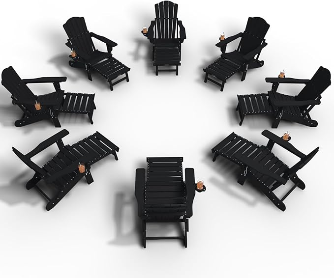 Folding Adjustable Adirondack Chairs with Ottoman & 1 Cup Holders Set of 8, HDEP Multifunctional Adirondack Chair with Footrest,Black