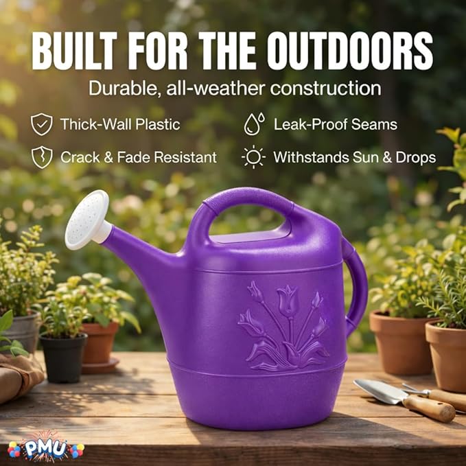 PMU 2 Gallon Watering Can - Garden Watering Can for Indoor & Outdoor Plants - Plastic Water Can with Detachable Sprinkler Head - Large Water Pot, Made in USA - Purple Pkg/1