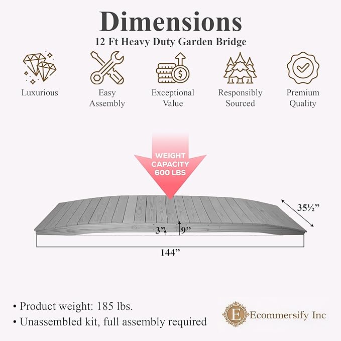 12 FT Grey Amish Made Pinewood Heavy Duty Garden Bridge for Walkway, Backyard Pond & Landscaping, Outdoor Wooden Footbridge for Koi Pond, Japanese Style Decorative Bridge, Made in USA