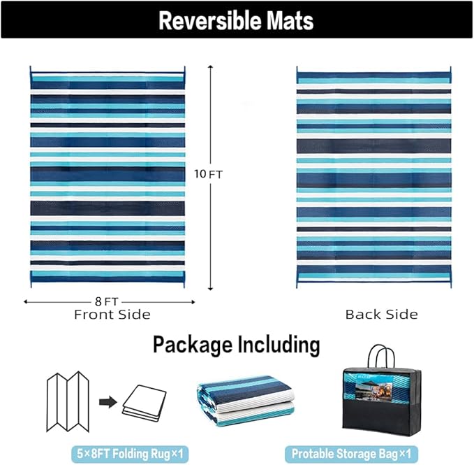 HUGEAR Outdoor Waterproof Rug 8'x10' Plastic Straw Rugs Washable Reversible Floor Mat Blue Stripe Carpet for Camping RV Deck Entryance Porch Picnic Balcony Beach Backyard