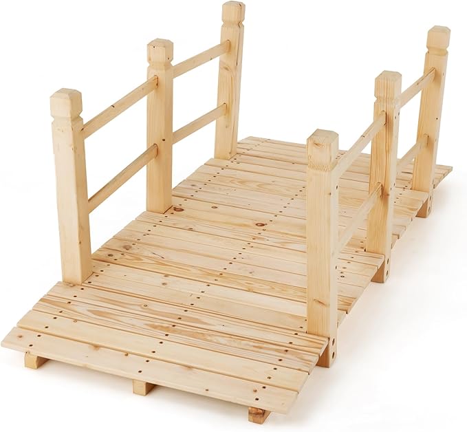 Giantex 5 ft Garden Bridge - Natural Wood Arc Footbridge Walkway with Side Railings, Decorative Wooden Bridge Landscaping for Backyard Farm Garden Creek Pond Decor, Easy to Assemble (Natural)