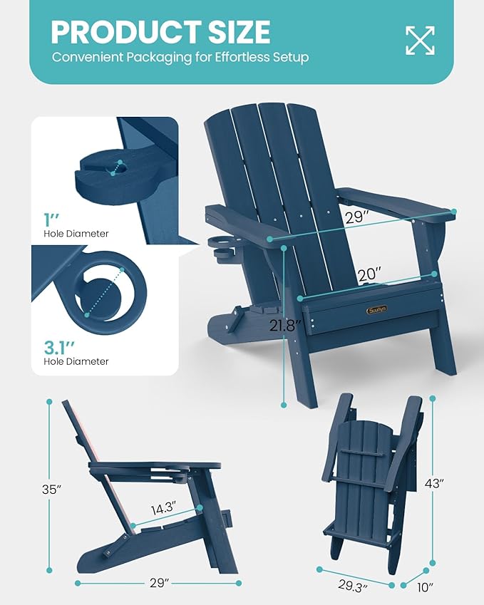 Folding Adirondack Chair 4 Pack, HDPE All-Weather Fire Pit Chairs, Plastic Adirondack Chairs with 2 Cup Holder, Outdoor Lawn Chair for Patio Garden (New Blue)