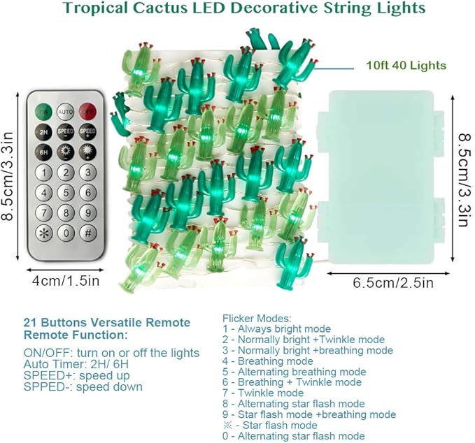 Cactus String Lights Battery Operated with Remote Green Acrylic Cactus Lights for Summer Tropical Decor