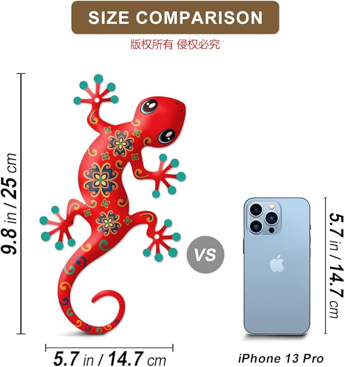 4 Pcs Metal Gecko Outdoor Decorations - Metal Wall Art Hanging Sculpture Decoration for Garden Yard Fence Porch Wall Decor, Gift for Mom Dad Friends