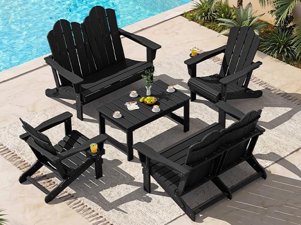 SERWALL Folding Adirondack Bench, HDPE All-Weather Adirondack Loveseat Set of 2, Black