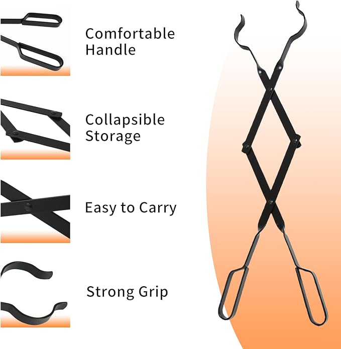 Heavy Duty 26'' Fireplace Fire Pit Campfire Tongs and 32'' Fire Pit Poker, Fireplace Tool Set, Portable Log Grabbers, for Fireplaces, Fire Pits, Campfires, Wood Stoves, Camping, Bonfires (Black)