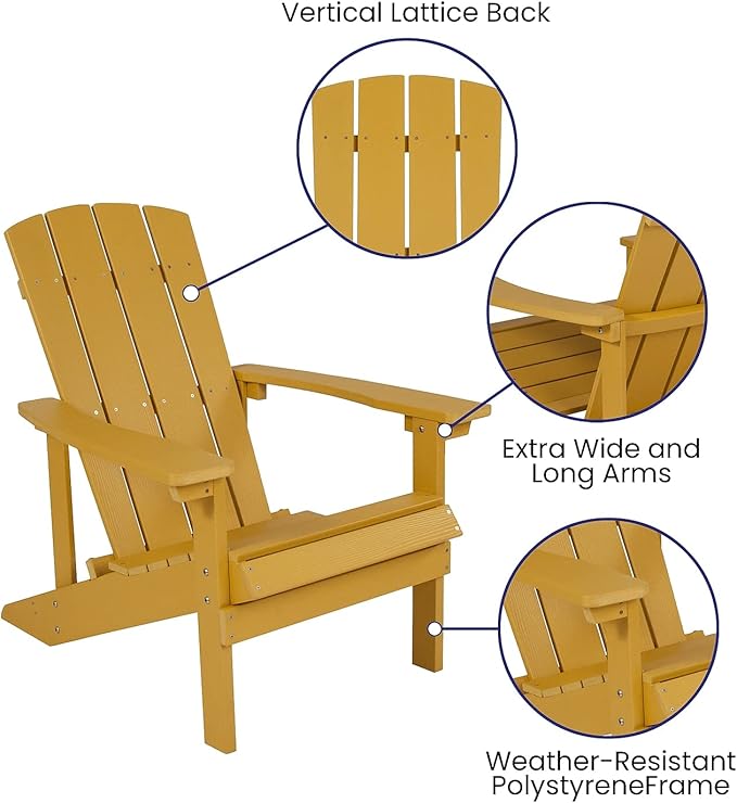 Flash Furniture Charlestown Commercial Grade Indoor/Outdoor Adirondack Chair, Weather Resistant Durable Poly Resin Deck and Patio Seating, Yellow