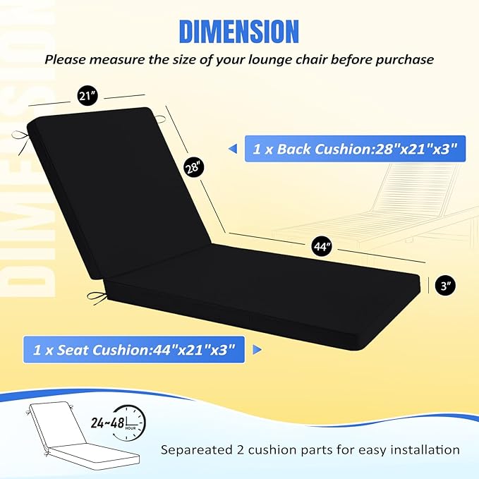 Basic Beyond Chaise Lounge Cushions Outdoor, 3-Layer Waterproof Outdoor Furniture Cushions with Removable Cover and 4 Ties, 72"x21"x3" Patio Lounge Chair Cushions for Outdoor Furniture, Black
