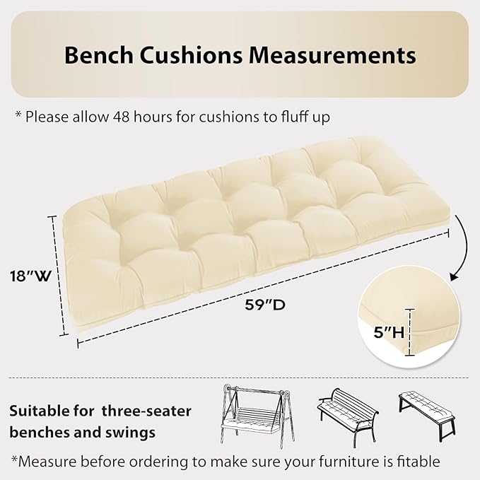 Tufted Bench Cushions for Outdoor Furniture, 59" x 18" Porch Swing Cushions Filled with Foam, Overstuffed Patio Cushions for Bench Loveseat with 2-3 Seats,Thick and Water Resistant, Beige