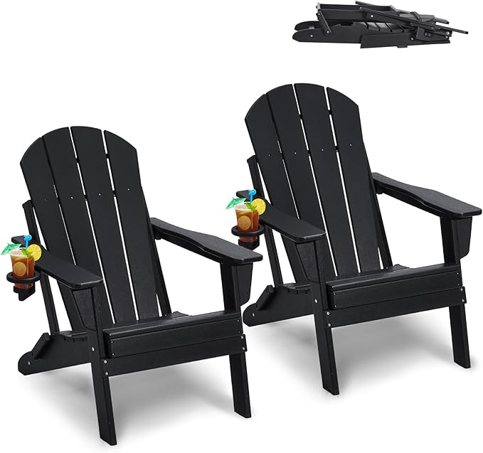 VEVOR Folding Adirondack Chairs Set of 2 with Cup Holder, All-Weather Portable Plastic Fire Pit Chair, Outdoor Adirondack Patio Chair, with Relaxing Arm Rest Ergonomic, for Garden, Backyard, Black