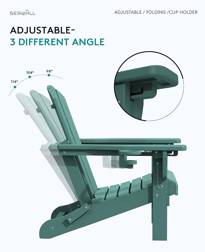 SERWALL Folding Adirondack Chair, Adirondack Outdoor Chair with Cup Holder, Adjustable HDPE Adirondack Chair with 3 Recline Positions, Light Green