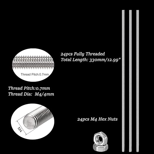 Set of 48 Lobergel 8/32 Inch M4 Threaded Rods and Studs, Include 24pcs 12.99" Fully Threaded Rods 24pcs Stainless Steel Hex Nuts, Right Hand Thread Bar for Clamps Hangers Beaded Garden Stakes