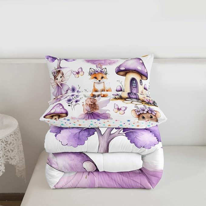 Erosebridal Purple Fairy Queen Comforter Set - Mushroom Floral Butterfly Bedding Sets for Girls Kids, Whimsical Fairies Garden Bed Set | Flower Forest Theme Room Decor with 2 Pillowcases