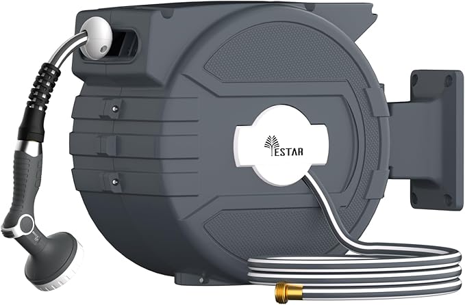 Retractable Garden Hose Reel 1/2 in x65 ft, Garden Water Hose Reel with 10- Function Sprayer Nozzle, Any Length Lock/Automatic Slow Return System,180° Swivel Bracket