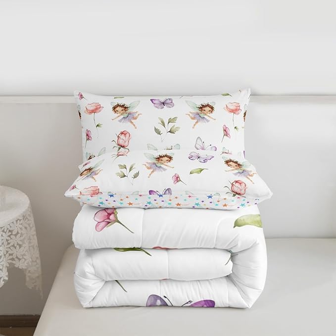 Erosebridal Girls Fairy Queen Comforter Set - Purple Butterfly & Floral Bedding Sets for Kids, Pink Flower Fairies Garden Bed Set | Girly Princess Room Decor with 2 Pillowcases